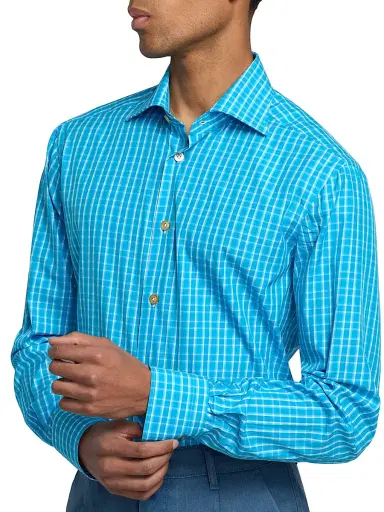 Kiton Men's Plaid Cotton Shirt - Turquoise - Size 17 | Thumbnail 6