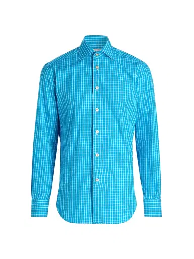Kiton Men's Plaid Cotton Shirt - Turquoise - Size 17 | Thumbnail 1