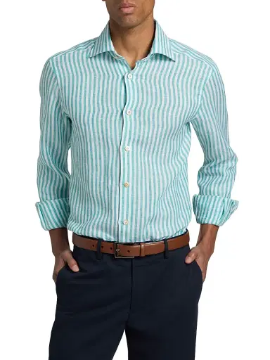 Kiton Men's Bengal Striped Linen Button-Front Shirt | Thumbnail 3 Kiton Men's Bengal Striped Linen Button-Front Shirt | Thumbnail 3