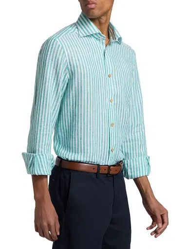 Kiton Men's Bengal Striped Linen Button-Front Shirt | Thumbnail 4 Kiton Men's Bengal Striped Linen Button-Front Shirt | Thumbnail 4