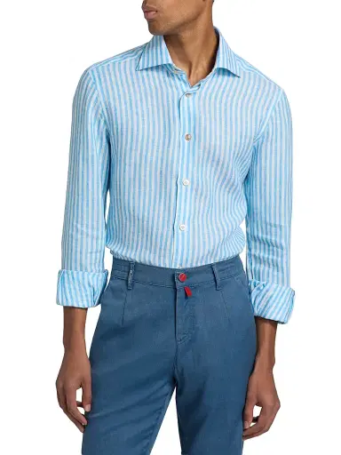 Kiton Men's Bengal Striped Linen Button-Front Shirt | Thumbnail 3 Kiton Men's Bengal Striped Linen Button-Front Shirt | Thumbnail 3