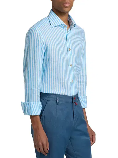 Kiton Men's Bengal Striped Linen Button-Front Shirt | Thumbnail 4 Kiton Men's Bengal Striped Linen Button-Front Shirt | Thumbnail 4