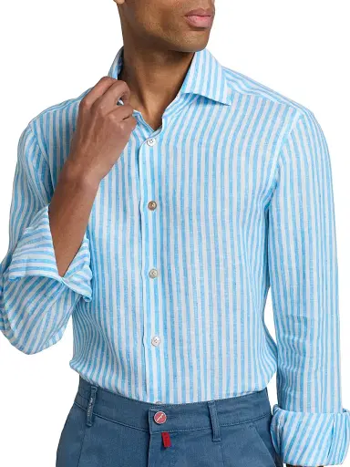 Kiton Men's Bengal Striped Linen Button-Front Shirt | Thumbnail 6 Kiton Men's Bengal Striped Linen Button-Front Shirt | Thumbnail 6