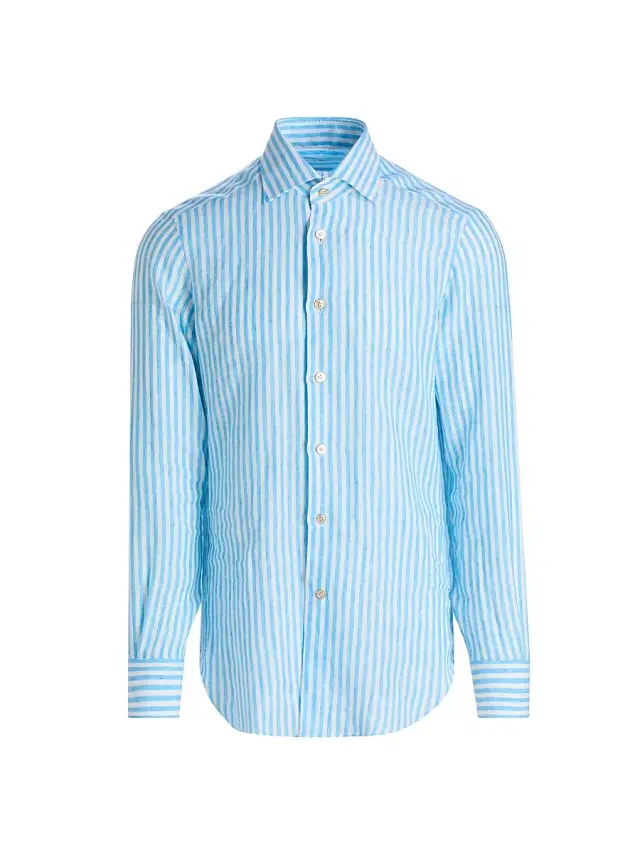 Men's Bengal Striped Linen Button-Front Shirt - Turquoise