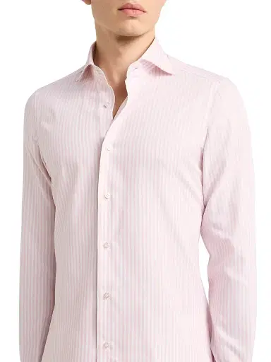 Isaia Men's Faded Bengal Stripe Cotton Shirt - White Pink | Thumbnail 6 Isaia Men's Faded Bengal Stripe Cotton Shirt - White Pink | Thumbnail 6