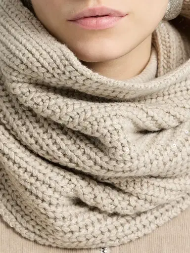 Brunello Cucinelli Women's Cashmere and Silk Dazzling Rib Knit Neck Warmer - Beige | Thumbnail 3 Brunello Cucinelli Women's Cashmere and Silk Dazzling Rib Knit Neck Warmer - Beige | Thumbnail 3