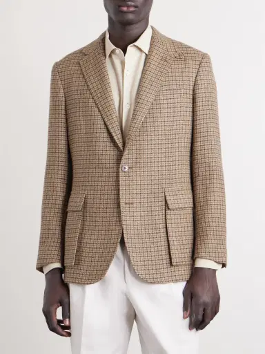 Ralph Lauren Purple Label Kent Suede-Trimmed Checked Linen and Wool-Blend Blazer - Men | Thumbnail 3