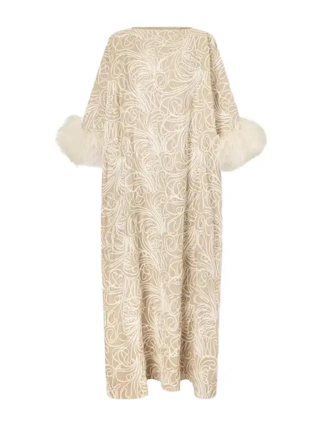 Feather-trimmed Embroidered Crepe Gown