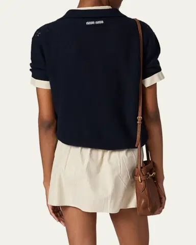 Miu Miu Pointelle Cashmere Knit Short-Sleeve Polo Sweater | Thumbnail 3
