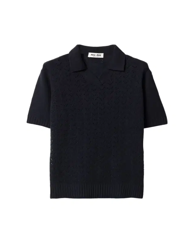 Pointelle Cashmere Knit Short-Sleeve Polo Sweater