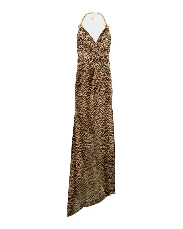 Baby Jaguar-Print Chain Halter Slit Gown