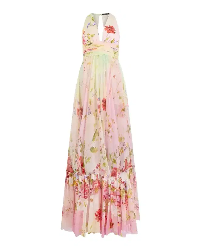 Miami Flowers Print Plunging Silk Chiffon Gown