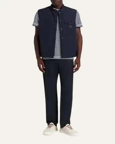Moncler Men's Stripe Leather-Trim Pocket T-Shirt | Thumbnail 2
