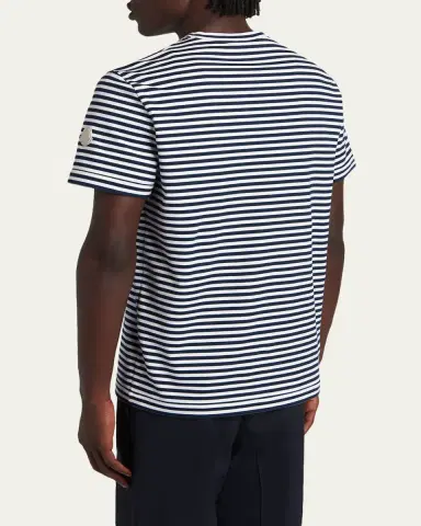 Moncler Men's Stripe Leather-Trim Pocket T-Shirt | Thumbnail 3