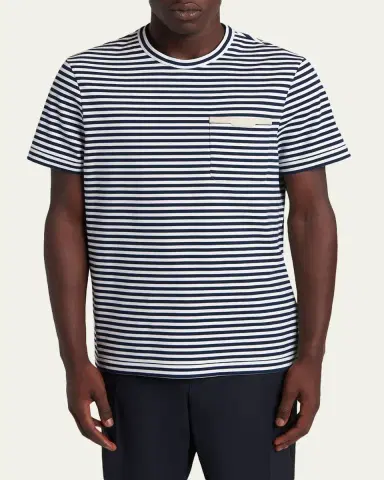 Moncler Men's Stripe Leather-Trim Pocket T-Shirt | Thumbnail 4