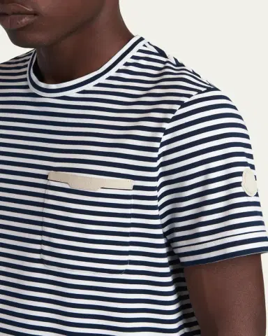 Moncler Men's Stripe Leather-Trim Pocket T-Shirt | Thumbnail 5