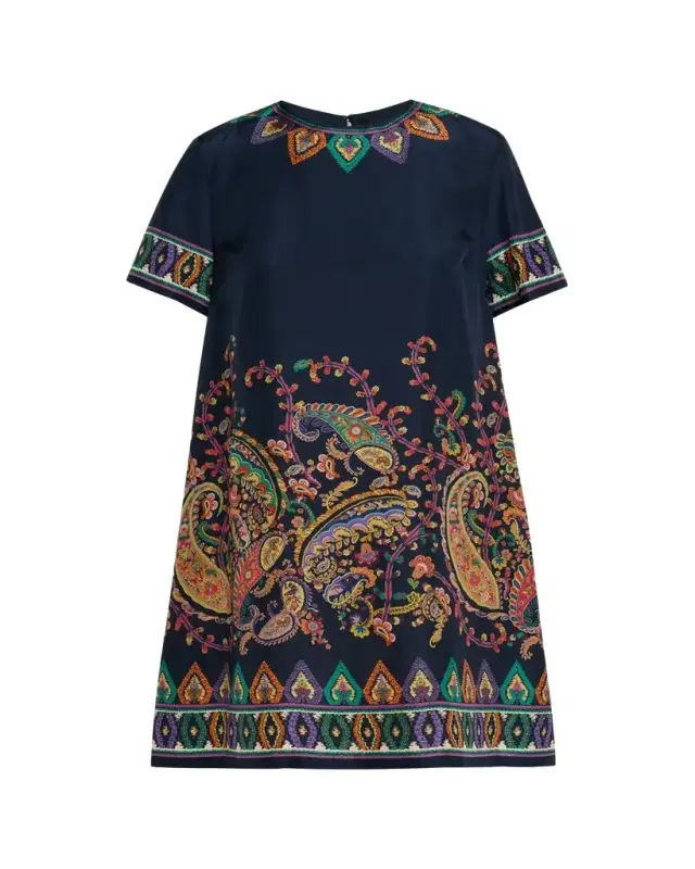 Paisley Silk Habotai Short-Sleeve Mini Tunic Dress