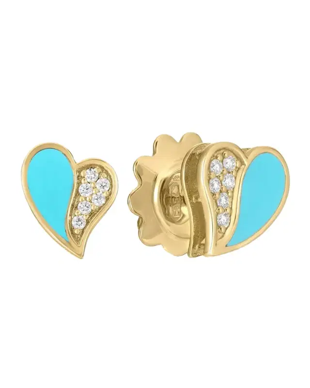 18K Yellow Gold Diamond and Enamel Amorino Heart Stud Earrings, Turquoise