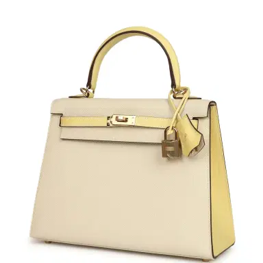 HERMÈS Hermes Special Order (HSS) Kelly Sellier 25 Craie and Jaune Poussin Epsom Gold Hardware | Thumbnail 5