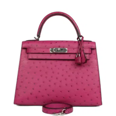 HERMÈS Pre-owned Hermes Kelly Sellier 28 Rose Poupre Ostrich Palladium Hardware | Thumbnail 1 HERMÈS Pre-owned Hermes Kelly Sellier 28 Rose Poupre Ostrich Palladium Hardware | Thumbnail 1