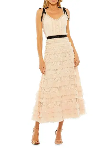 Mac Duggal Women's Embellished Lace Ruffled Sweetheart Midi-Dress - Porcelain - Size 14 | Thumbnail 1