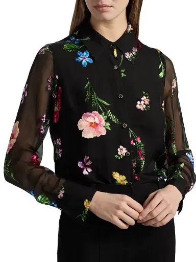 Elie Tahari Women's The Janice Floral Silk-Blend Blouse - Noir Denim Garden | Thumbnail 6 Elie Tahari Women's The Janice Floral Silk-Blend Blouse - Noir Denim Garden | Thumbnail 6