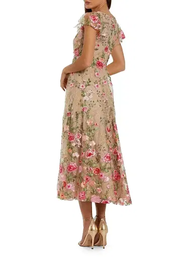 Mac Duggal Women's Floral Embroidered Mesh V-Neck Midi-Dress - Beige Multi - Size 16 | Thumbnail 2
