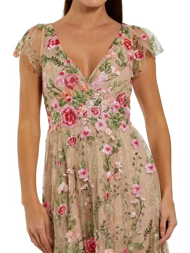 Mac Duggal Women's Floral Embroidered Mesh V-Neck Midi-Dress - Beige Multi - Size 16 | Thumbnail 3