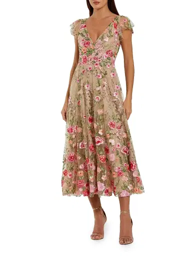Mac Duggal Women's Floral Embroidered Mesh V-Neck Midi-Dress - Beige Multi - Size 16 | Thumbnail 1