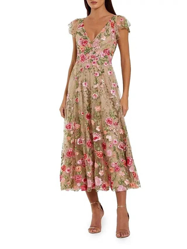 Mac Duggal Women's Floral Embroidered Mesh V-Neck Midi-Dress - Beige Multi