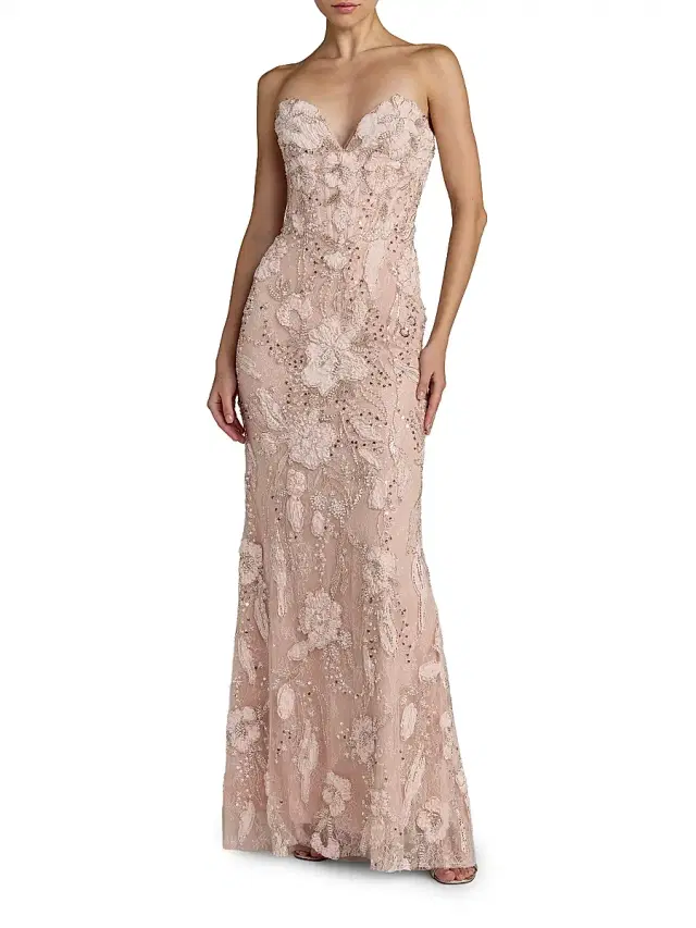 Women's Floral Embellished Mesh Strapless Column Gown - Porcelain