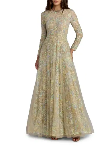 Mac Duggal Women's Embroidered Lace Fit-&-Flare Gown - Beige Multi - Size 18 | Thumbnail 1