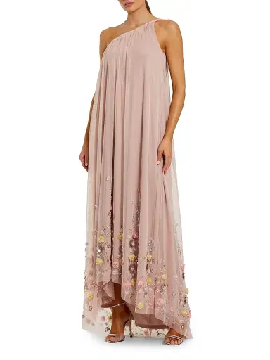 Mac Duggal Women's Embellished Mesh One-Shoulder Trapeze Gown - Rose | Thumbnail 1