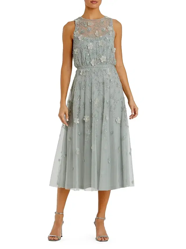 Women's Floral Embellished Mesh A-Line Midi-Dress - Sage