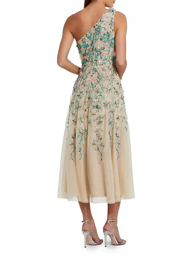 Mac Duggal Women's Embellished Floral Mesh One-Shoulder Midi-Dress - Beige Multi - Size 14 | Thumbnail 2