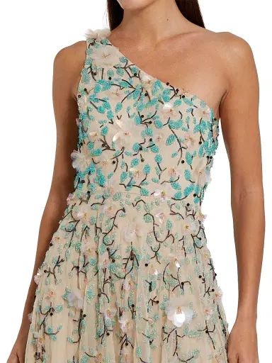 Mac Duggal Women's Embellished Floral Mesh One-Shoulder Midi-Dress - Beige Multi - Size 14 | Thumbnail 3