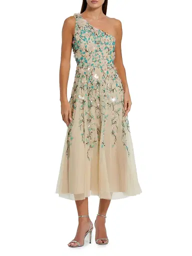 Mac Duggal Women's Embellished Floral Mesh One-Shoulder Midi-Dress - Beige Multi - Size 14 | Thumbnail 1