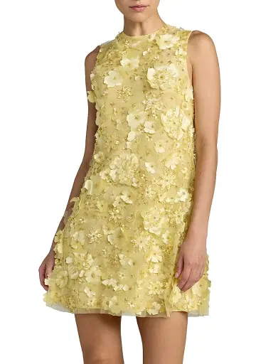 Mac Duggal Women's Floral-Embellished Mesh Trapeze Minidress - Yellow - Size Large | Thumbnail 1 Mac Duggal Women's Floral-Embellished Mesh Trapeze Minidress - Yellow - Size Large | Thumbnail 1
