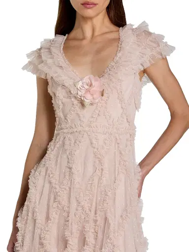 Mac Duggal Women's Mesh Ruffled V-Neck Midi-Dress - Blush | Thumbnail 3