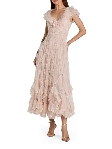 Mac Duggal Women's Mesh Ruffled V-Neck Midi-Dress - Blush | Thumbnail 1
