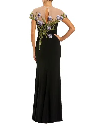 Mac Duggal Women's Petite Floral-Embroidered Illusion Neck Mermaid Gown - Black Multi - Size Petite 14 | Thumbnail 2