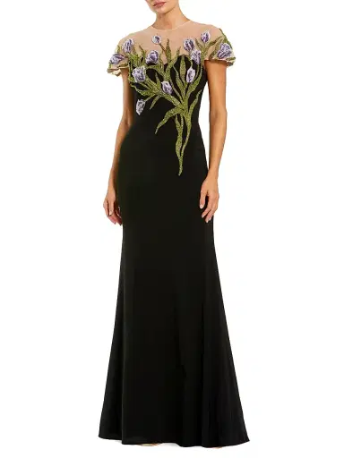 Mac Duggal Women's Petite Floral-Embroidered Illusion Neck Mermaid Gown - Black Multi - Size Petite 14 | Thumbnail 1
