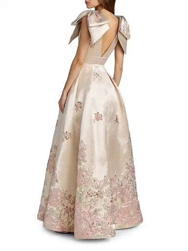 Mac Duggal Women's Floral Brocade Bow V-Neck Gown - Champagne Multi - Size 14 | Thumbnail 2