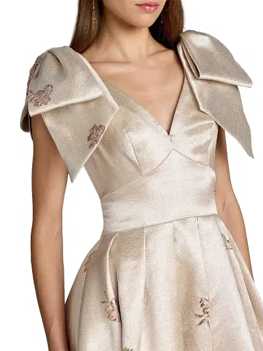 Mac Duggal Women's Floral Brocade Bow V-Neck Gown - Champagne Multi - Size 14 | Thumbnail 3