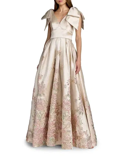 Mac Duggal Women's Floral Brocade Bow V-Neck Gown - Champagne Multi - Size 14 | Thumbnail 1