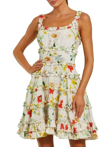 Mac Duggal Women's Floral Ruffle Scoopneck Minidress - Ivory Multi - Size 12 | Thumbnail 1