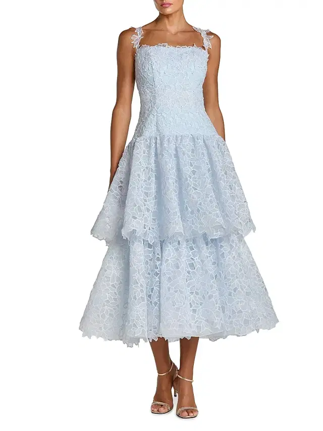 Mac Duggal Women's Petite Lace Sleeveless RuffleTiered Midi-Dress - Powder Blue Petite 12