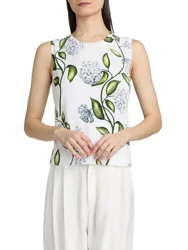 Oscar de la Renta Women's Porcelain Flower Cotton-Blend Sweater Tank - Denim White - Size XS | Thumbnail 2