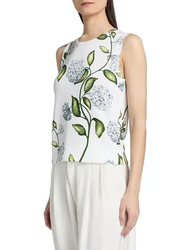 Oscar de la Renta Women's Porcelain Flower Cotton-Blend Sweater Tank - Denim White - Size XS | Thumbnail 3