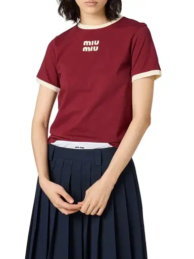 Miu Miu Women's Cotton Jersey T-Shirt - Dark Red | Thumbnail 2 Miu Miu Women's Cotton Jersey T-Shirt - Dark Red | Thumbnail 2